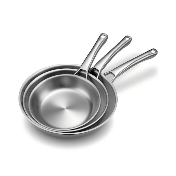 Tri-Ply Stainless Steel 3-Piece Silver Skillet Set with Ergonomic Handle, Induction and Oven Safe, Non-Coated Surface
