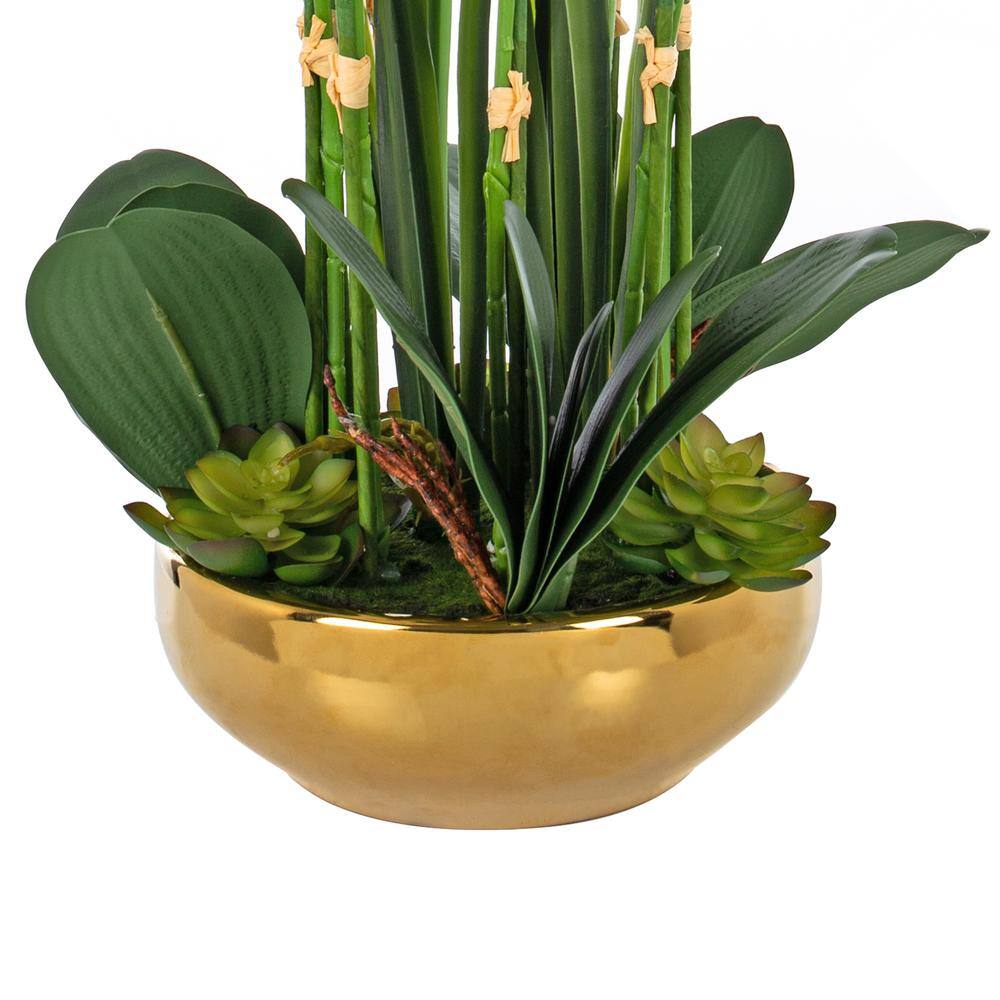 23.62" Tall White and Green Artificial Orchid Arrangement in Gold-Plated Ceramic Vase