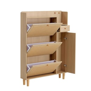 49 in. H x 37.4 in. W Natural Wood Shoe Storage Cabinet with Rattan Mesh Design