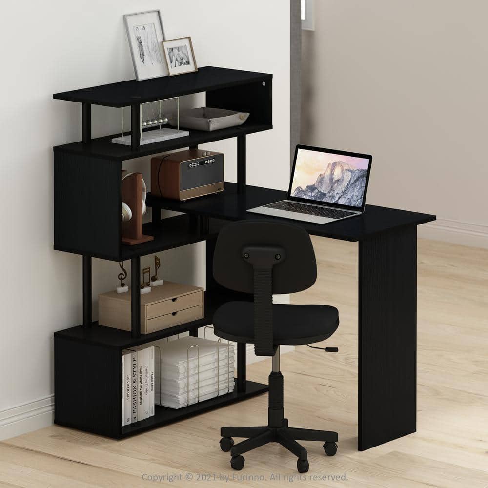 L-Shape Black Wood Corner Computer Desk with 5-Tier Shelves