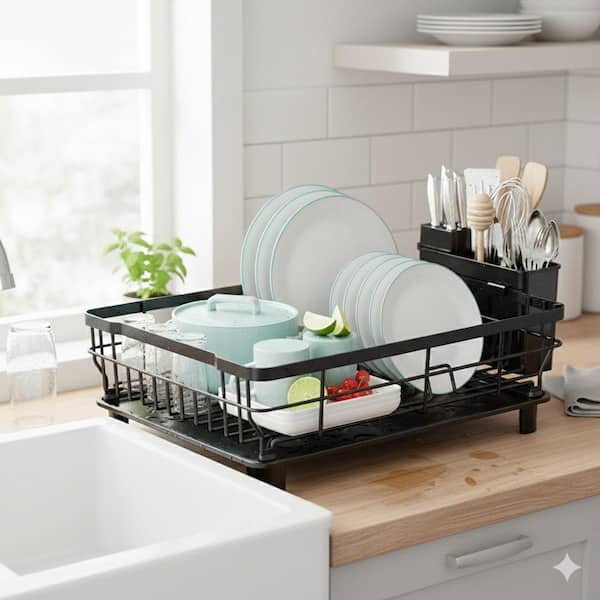 Black Space Saving Kitchen Counter Dish Rack with Drainboard Rustproof Metal Dish Drainer Removable Holder