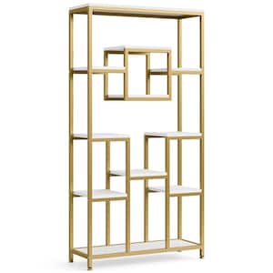 71. White and Gold 11 Shelf Geometric Etagere Bookcase, Enny 35 in. Wide. Tall Bookshelf with Metal Frame