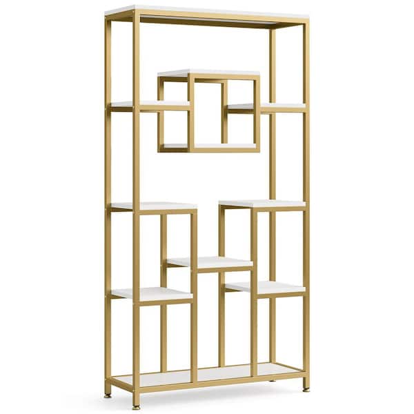 BYBLIGHT 71. White and Gold 11 Shelf Geometric Etagere Bookcase, Enny 35 in. Wide. Tall Bookshelf with Metal Frame