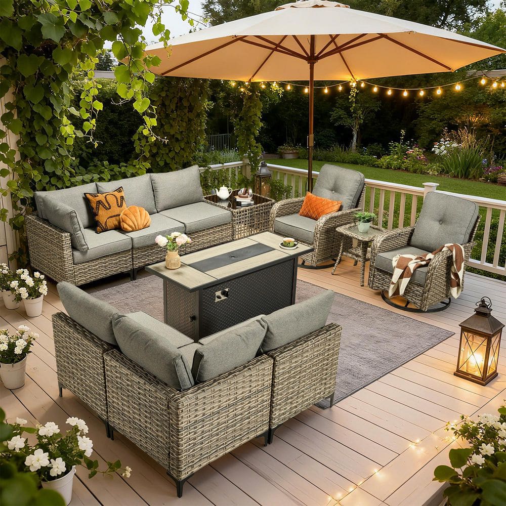 Melly Gray 11-Piece Wicker 54 in. Rectangle Fire Pit Patio Conversation Set with Dark Gray Cushions and Swivel Chairs price history on PriceWatchPro