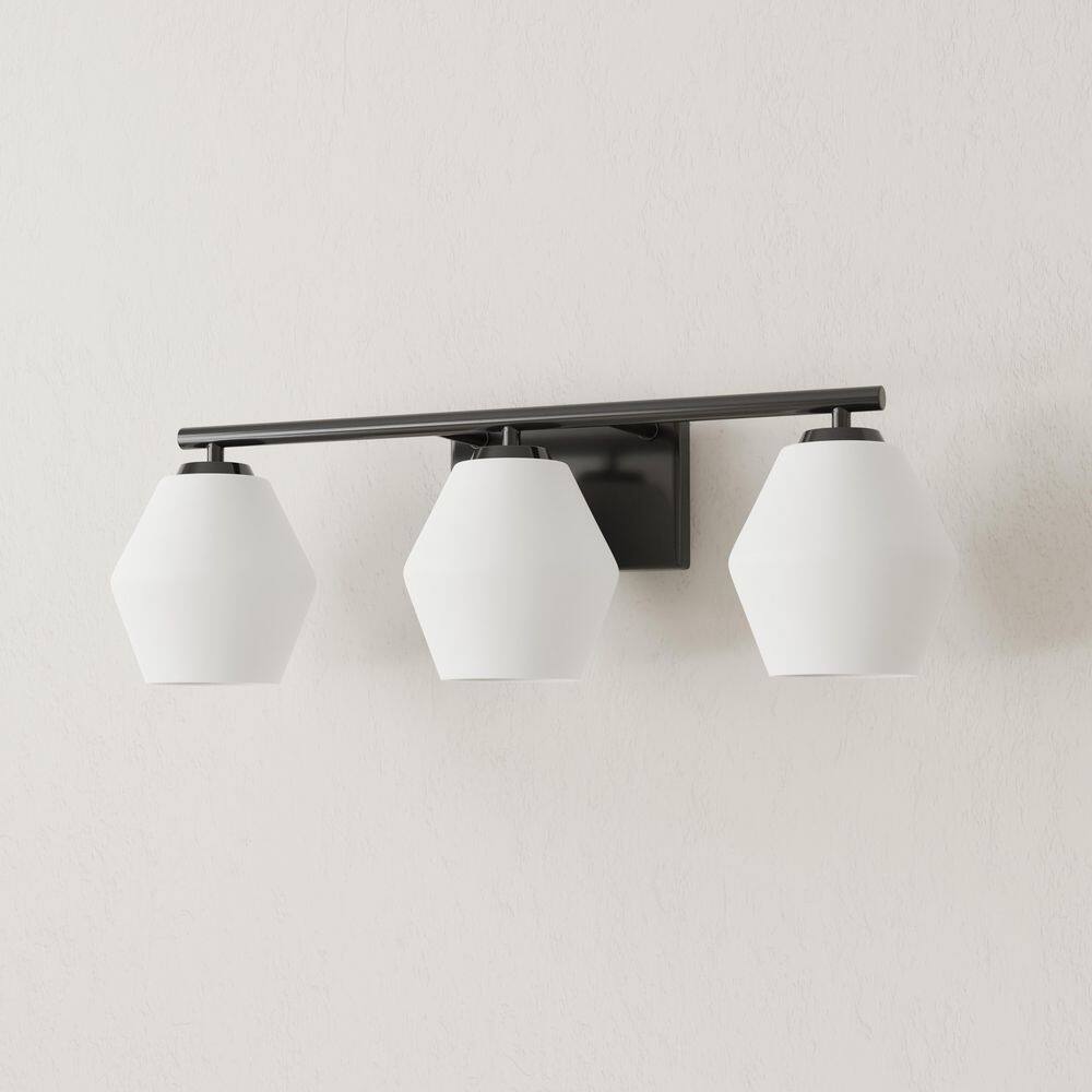 Matte Black Three-Light Geometric Vanity Light with Opal Glass Shades