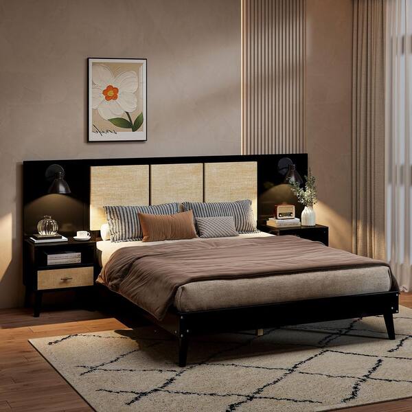 Polibi Black Wood Frame Queen Platform Bed with 2-Nightstands