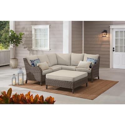 Windsor 4-Piece Brown Wicker Outdoor Patio Sectional Sofa with Ottoman and Bare Cushions