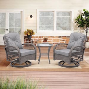 Gray 3-Piece Wicker Swivel Conversation Set with Thick Gray Cushions, Rocking Chairs with Glass Coffee Table