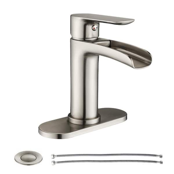 Waterfall Spout Brushed Nickel Single Lever Bathroom Sink Vessel Faucet W/ Drain 