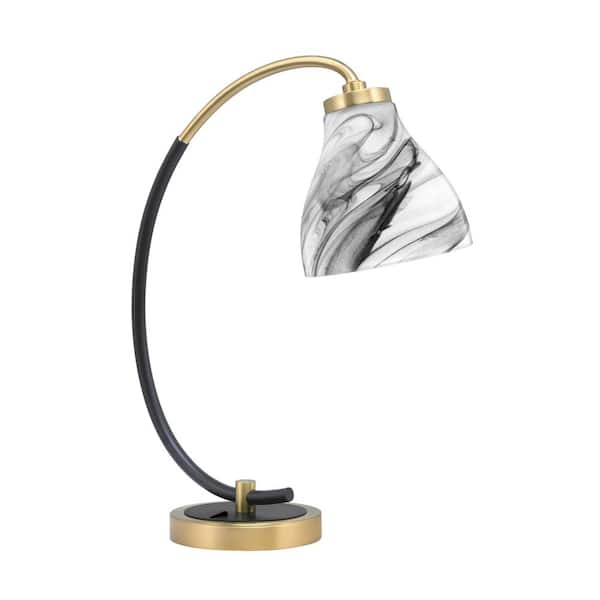 Unbranded Delgado 18.25 in. Matte Black and New Age Brass Piano Desk Lamp with Onyx Swirl Glass Shade