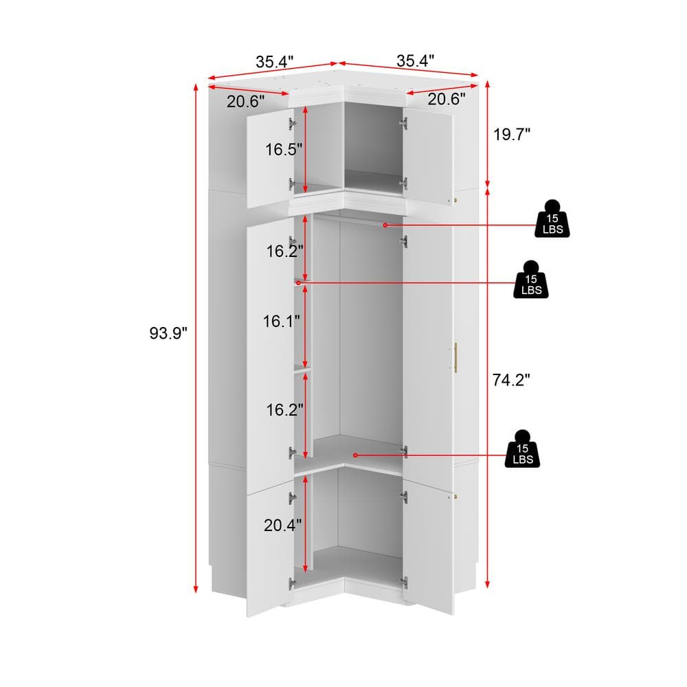 White Wood 35.4 in. W 6-Door Corner Wardrobe Armoires with Hanging Rod, Storage Shelves 93.9 in. H x 35.4 in. D - thumbnail 3