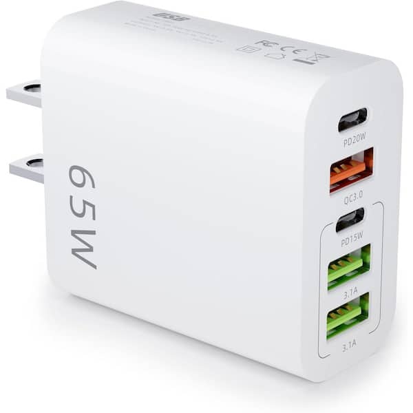 15 Amp 5-Outlet Grounded Triple Tap USB Adapter, 5-Port Fast Charging Block Charger Dual Port Plug Multiport Type, White
