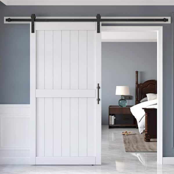 easelife 42 in. x 84 in. White Paneled H Shape Solid MDF Sliding Barn Door with Hardware Kit