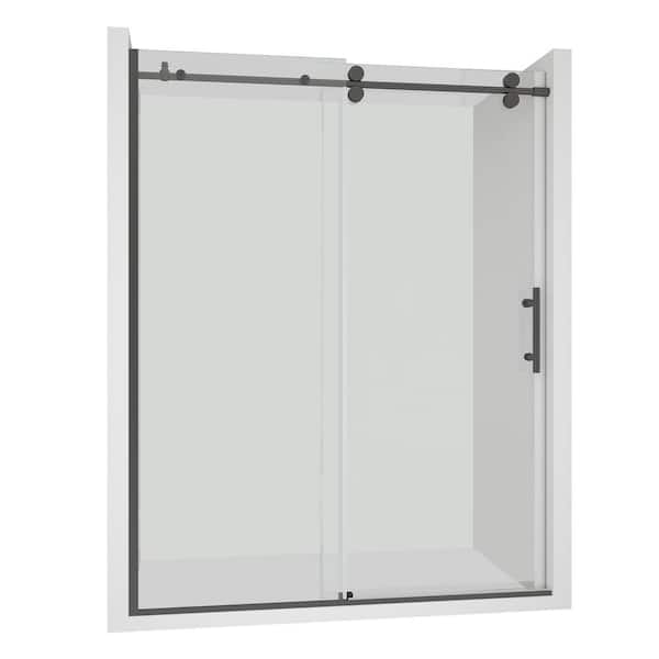 VANITYFUS 60 in. W x 76 in. H Single Sliding Frameless Shower Door in Matte Black with 3/8 in. (10 mm) Clear Glass