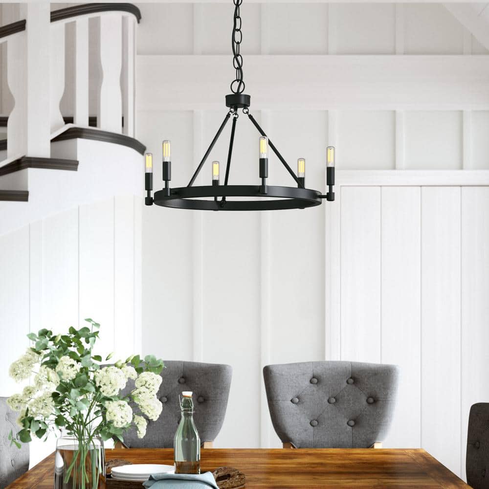 Black Open Lamp 6-Light Chandelier with Adjustable Chain