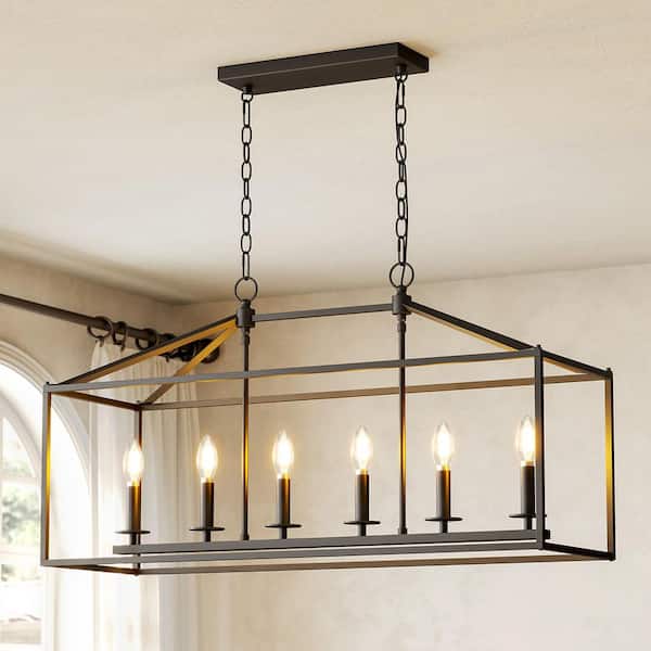 56.7 in. 6-Light Black Linear Chandelier with Caged Metal Shade, No Bulbs Included