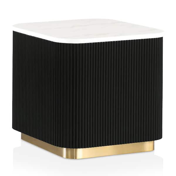 Keith 19.5 in. Black and White Square Marble Top End Table with Gold Accent Reeded Plinth Base