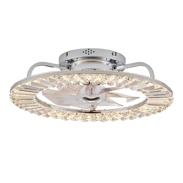 YUYI 18.9 in. Indoor Modern Silver Crystal Ceiling Fan, Flush Mount Ceiling Fan with Light, Remote, App Control
