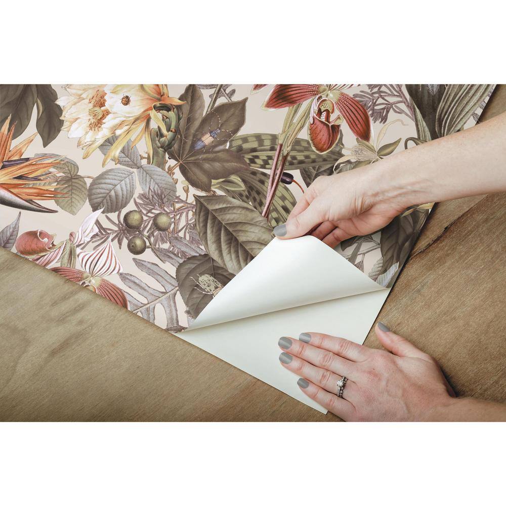 Beige and Green Vinyl Tropical Floral Peel and Stick Wallpaper Roll