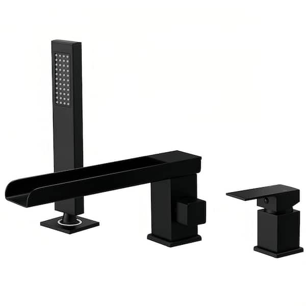 1 Handle Tub Deck Mount Roman Tub Faucet with 360° Swivel Waterfall Spout, Hand Shower in Matte Black, Easy to Install