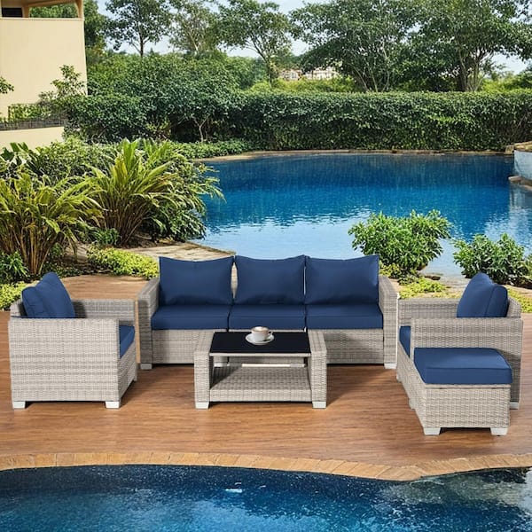 Unbranded Modern 7-Piece Gray Wicker Outdoor Sofa Loveseat Patio Conversation Seating Set with Dark Blue Cushions and Sloped Back