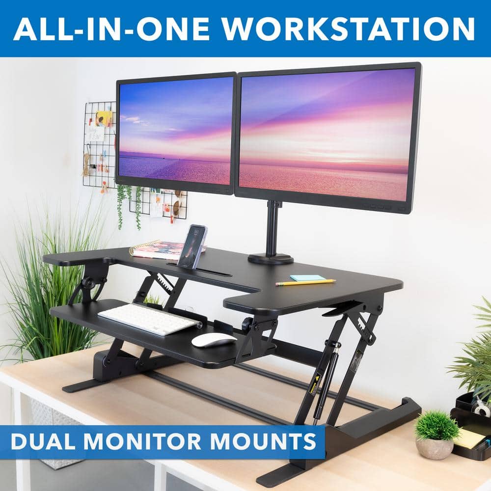 Black Adjustable Standing Desk Converter with Dual Monitor Mount