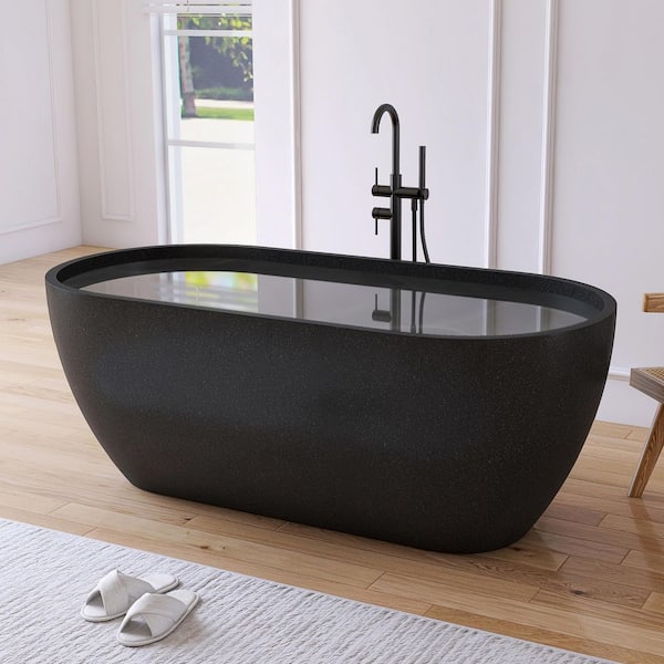 63 in. x 31 in. Terrazzo Stone Solid Surface Flatbottom Freestanding Soaking Bathtub in Black (Outdoor-Compatible)