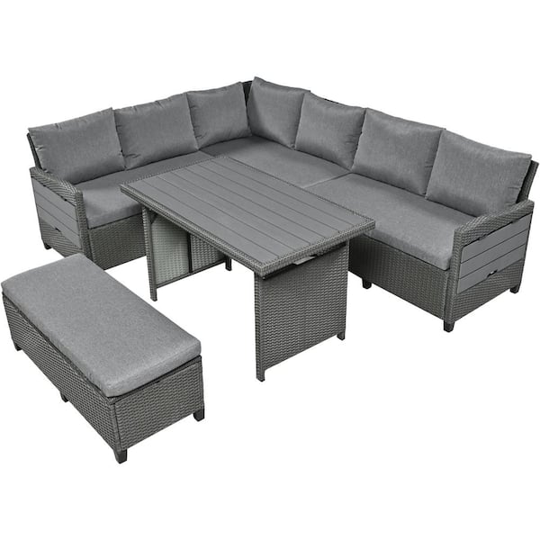 Sudzendf 5-Piece Wicker Outdoor Patio Sectional Set L-Shaped Garden Furniture Set with Gray Cushions