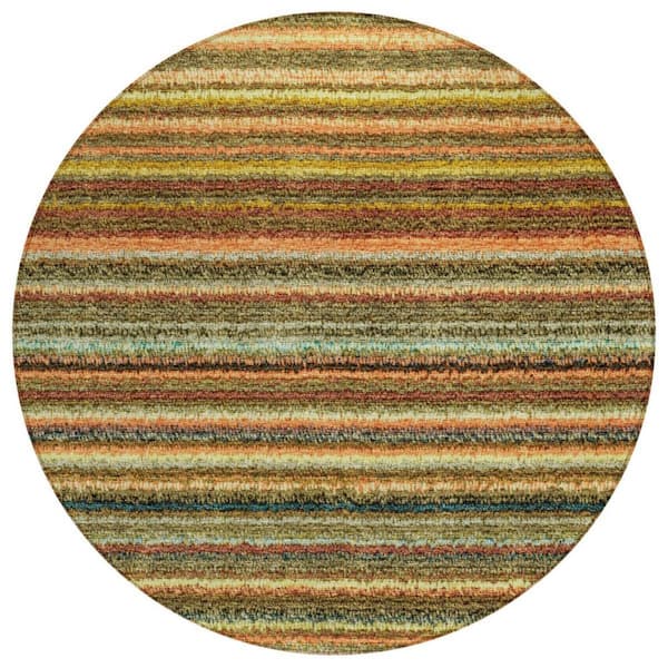 Coral, Gold, Green 8 ft. Round Woven Striped Polyester Round Indoor / Outdoor Area Rug