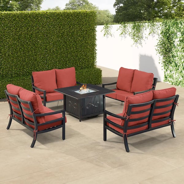 Oakland Living Black 6-Piece Aluminum Patio Fire Pit with 4-Deep Seating Loveseat Red Cushions