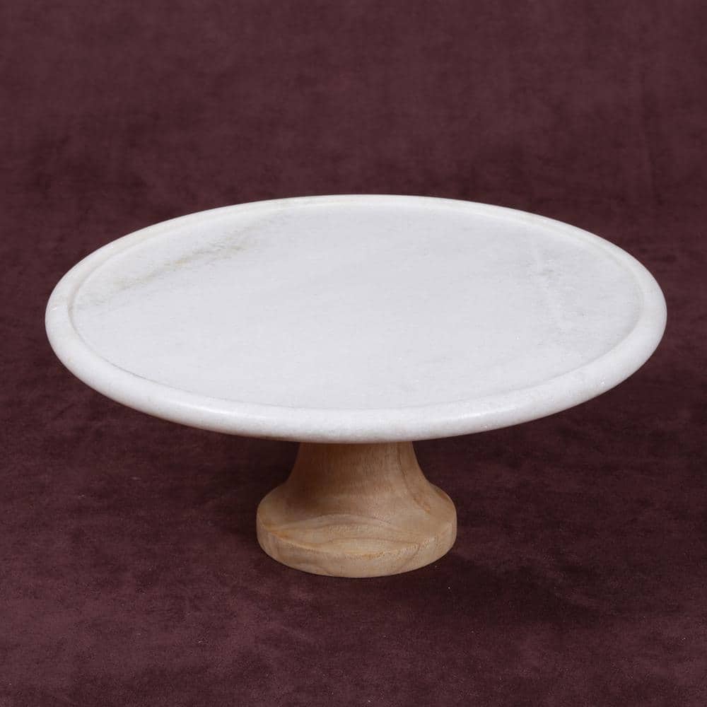 White Marble and Mango Wood Pedestal Cake Stand