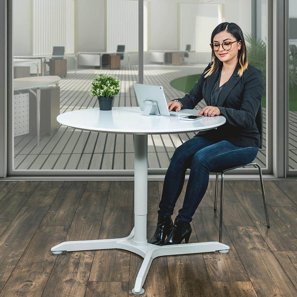36" White Adjustable Height Square Cafe Table with Steel Base