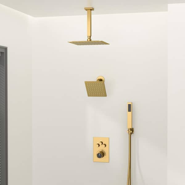 YAWWALK Triple Handle 7-Spray Patterns 12 in. Ceiling Mount Rainfall Shower Faucet with High Pressure in Brushed Gold
