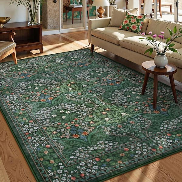 Boho Floral Botanical Washable Non Slip Dark Green 5 ft. x 7 ft. Area Rug