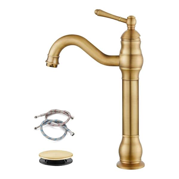 Unbranded Single Handle Single Hole Bathroom Faucet with Pop Up Drain Included and Hose in Antique Brass