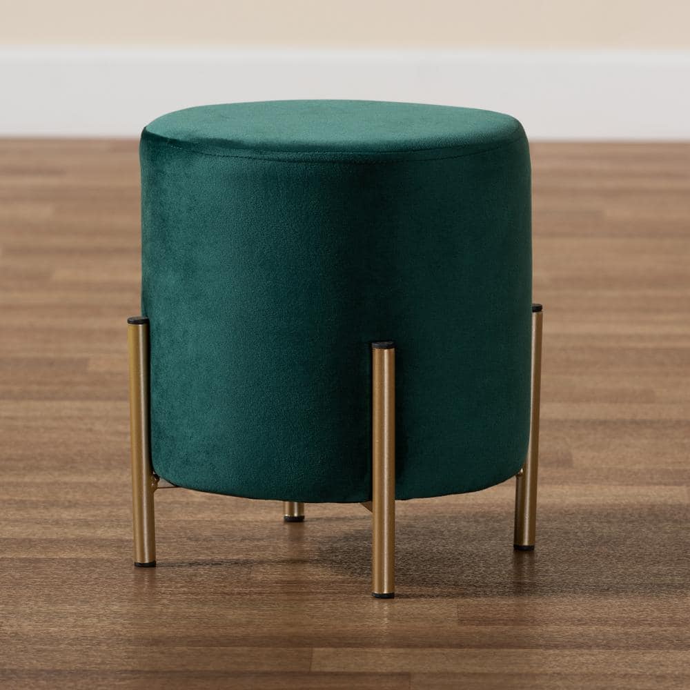 Thurman Luxe Green Velvet and Gold Metal Round Ottoman