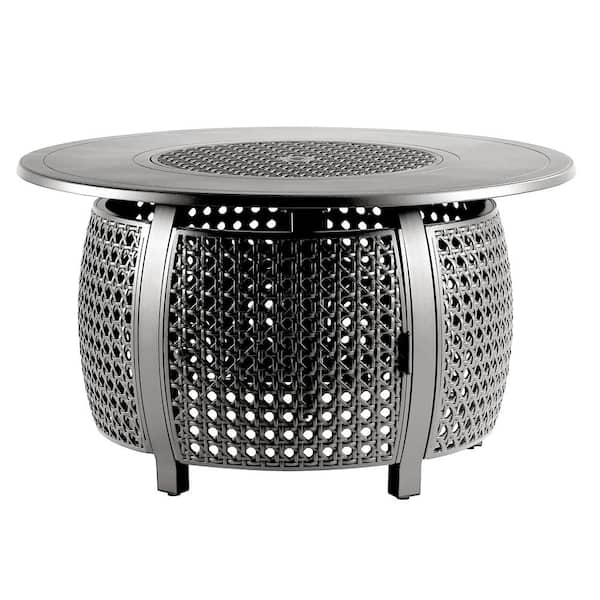 Oakland Living 44 in. x 44 in. Grey Round Aluminum Propane Fire Pit Table with Glass Beads, 2 Covers, Lid, 55,000 BTUs