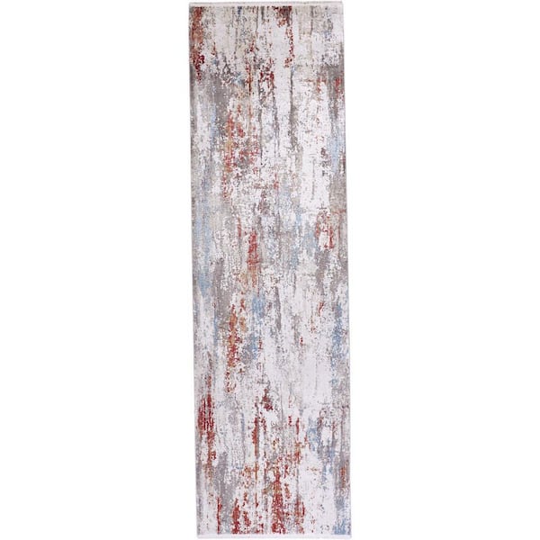 HomeRoots 3 X 10 Gray, Blue, Red Abstract Runner Rug