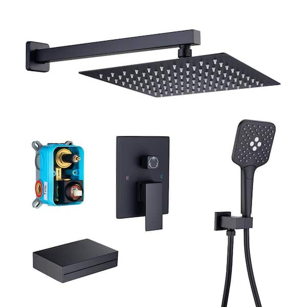 RAINLEX 1-Handle 1-Spray Square High Pressure Shower Faucet Waterfall Spout 10 in. Shower Head in Matte Black (Valve Included)