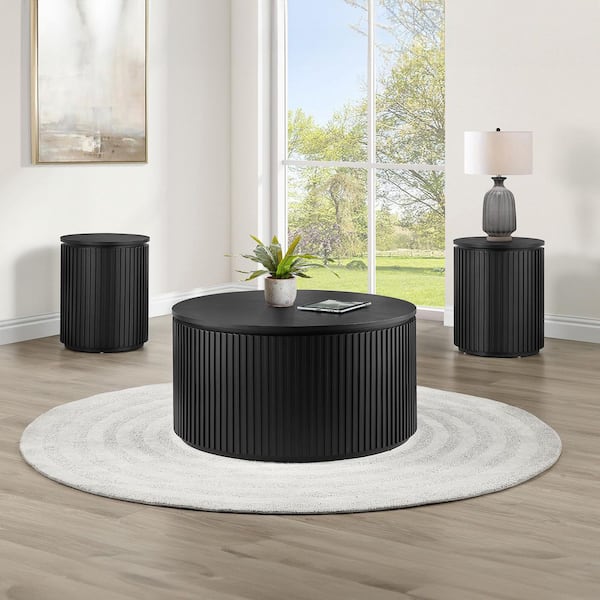 Colvin 36" Black Wood Round Coffee Table and 2 End Tables, 3 Piece Set