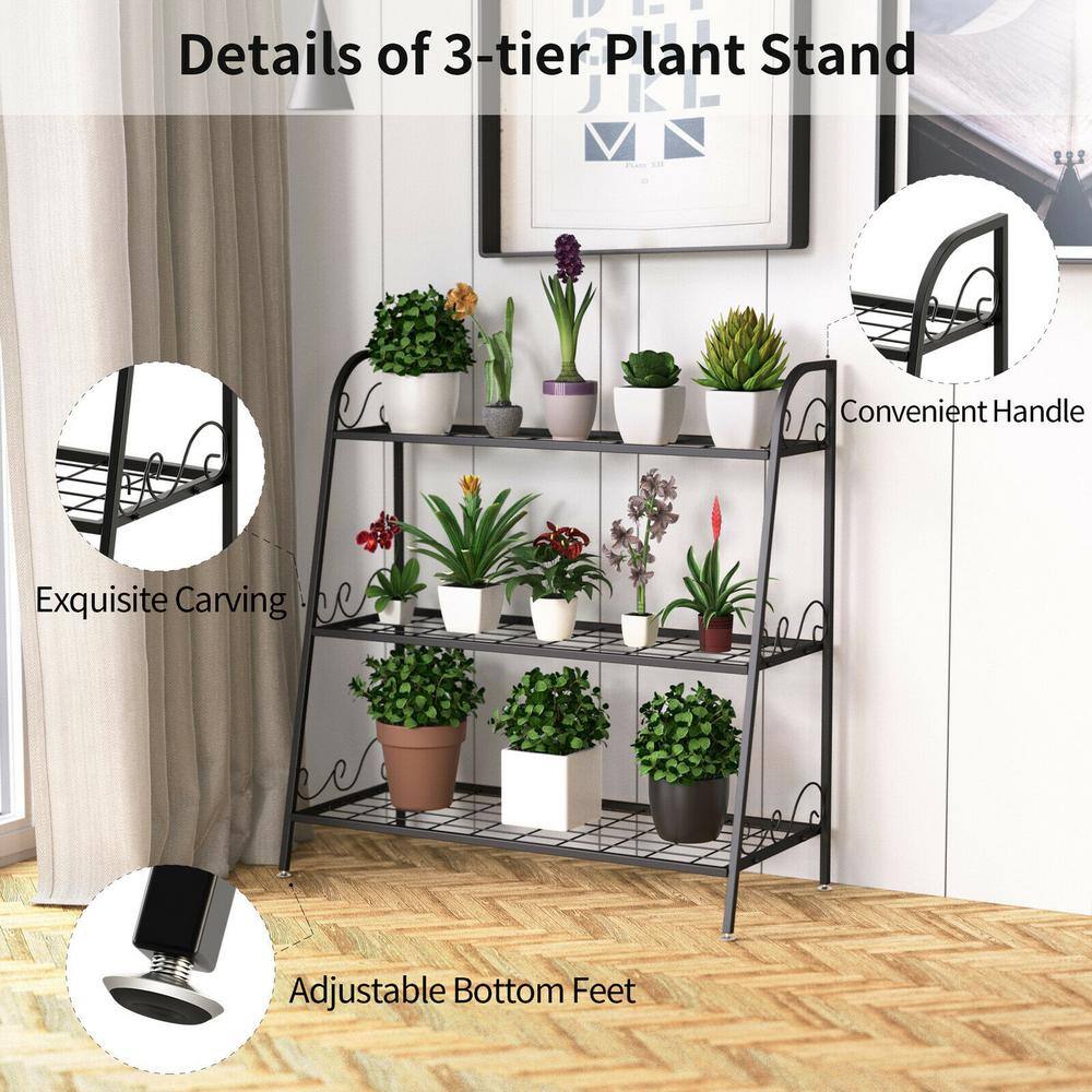 Black Steel 3-Tier Plant Stand with Adjustable Footpads