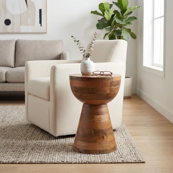 13 in. Brown Round Mango Wood Polished End Table