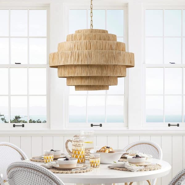Boho 30.7 in. 5-Light 7-Tier Gold Hand-Woven Rattan Wicker Chandelier with Large Paper Shade