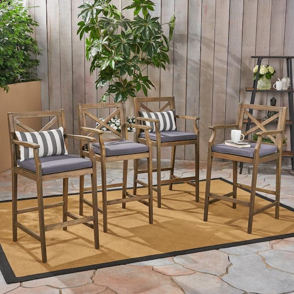Noble House Perla Grey Wood Outdoor Patio Bar Stool with Dark Grey Cushion (4-Pack)