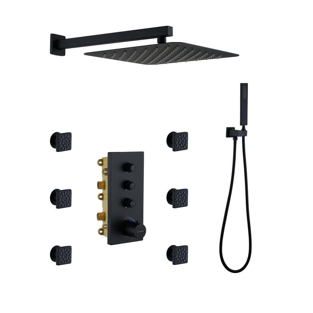 Matte Black 12-Inch Wall Mounted Shower System with Body Jets