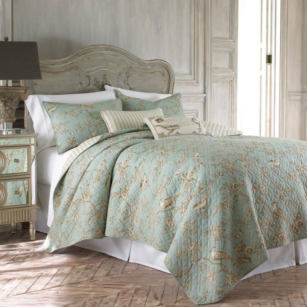 Teal and Cream Cotton Reversible King Quilt Set