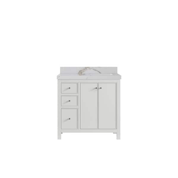 Willow Collections Chicago 36 in. Right Offset Sink Freestanding White Bath Vanity with Calacatta Gold Qt. Top Unassembled