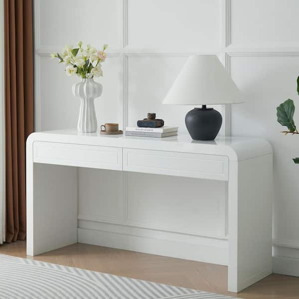 Alsop Modern 59.8 in. White Rectangle MDF Top Console Table with Drawers, Curved Corner