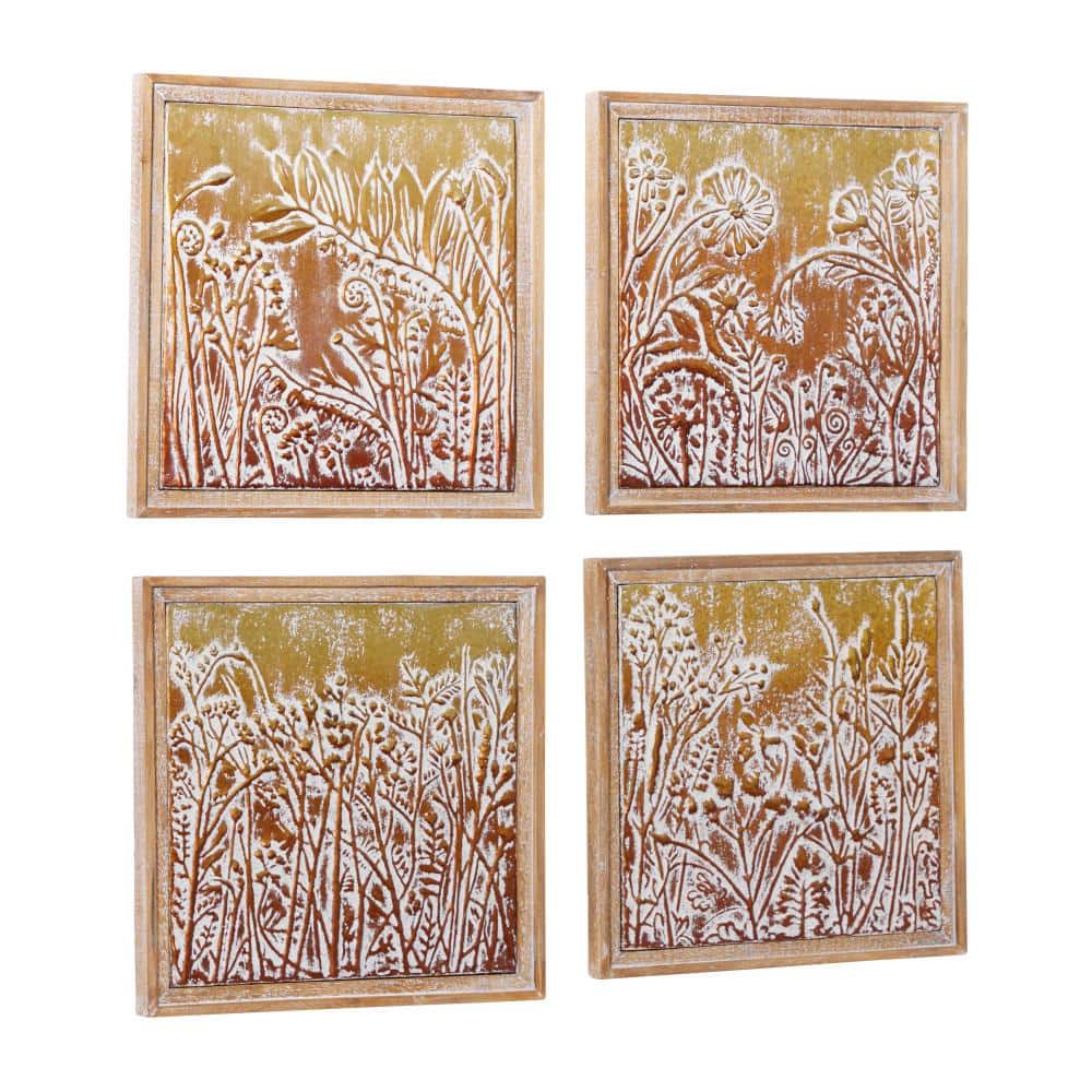 Whimsical Gold Metal Floral Wall Art Set in Beige Frames