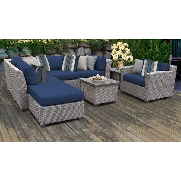TK CLASSICS Florence 8-Piece Wicker Outdoor Patio Conversation Set with Navy Blue Cushions